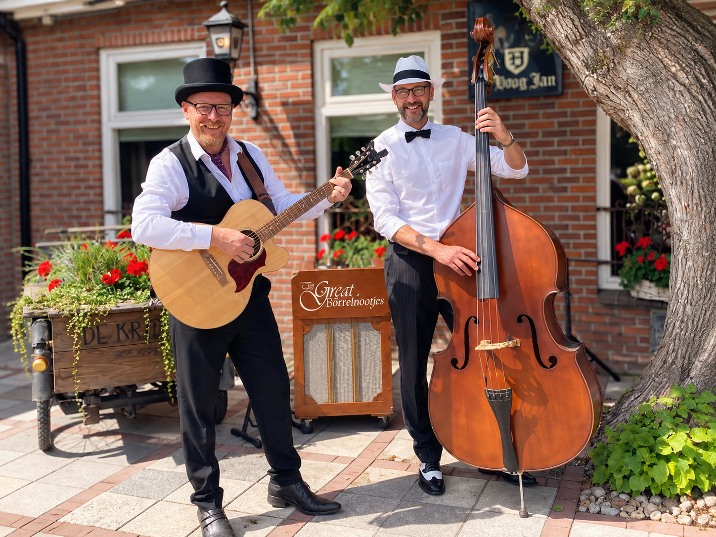 The Great Borrelnootjes performing with guitar and double bass